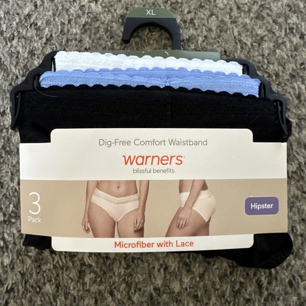 3 Pack Women's Warners Hipsters Microfiber W/ Lace Dig Free Waistband Size M
